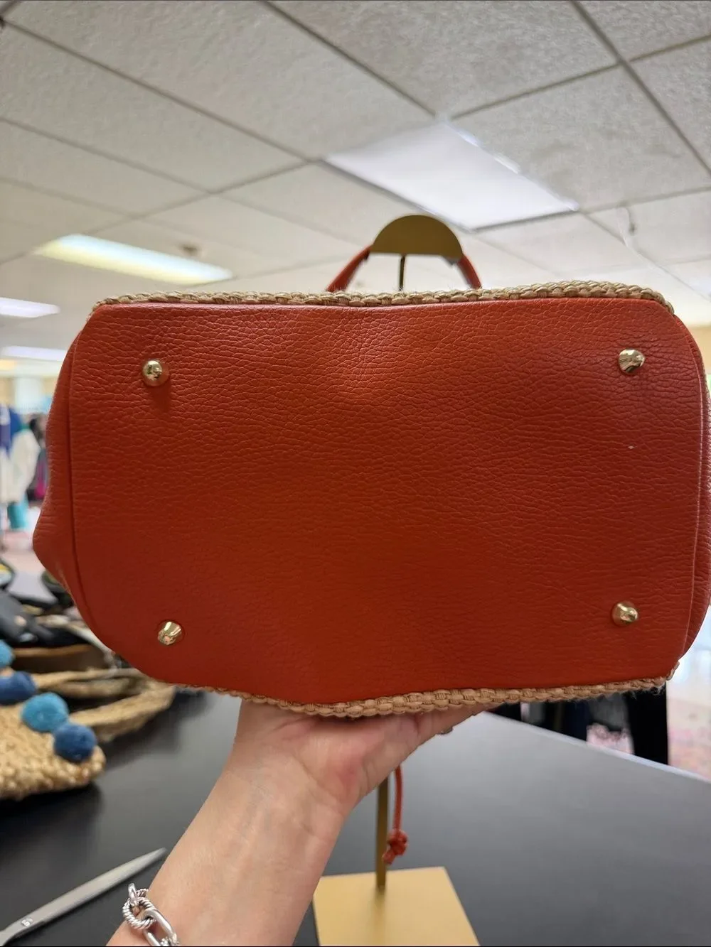 Textured Straw-Front Hobo Bag in Orange